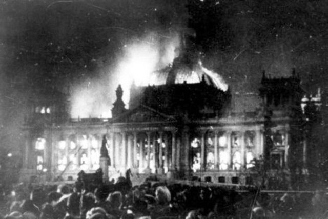 Nazi party burns Reichstag building.