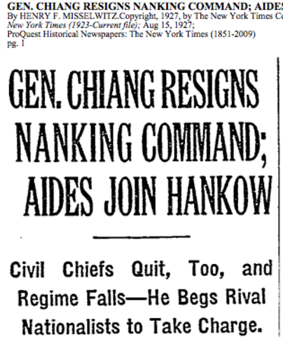 CHIANG [LEADER OF KUOMINTANG] RESIGNS NANKING