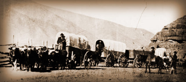 The first wagon train reached what territory?