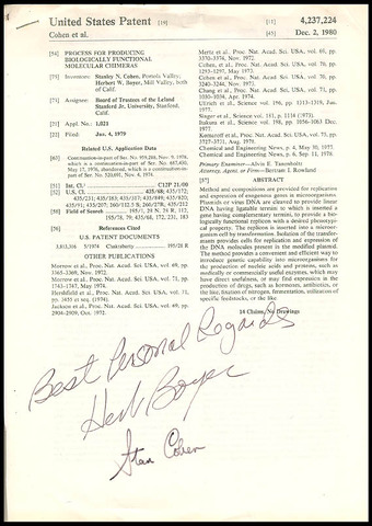U.S. Patent for Gene Cloning is Awarded to Cohen and Boyer.
