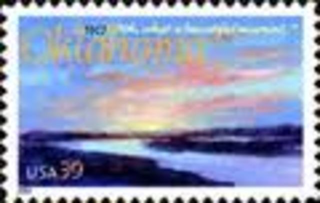The U.S postal service issues a stamp that celabrates Oklahom's 100 years of statehood