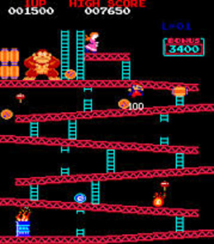 Donkey Kong move across platforms and jump over obstacles to recue a damsel in distress