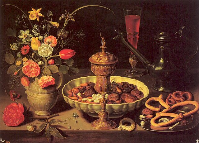 Still Life with Flowers, Goblet, Dried Fruit, and Pretzels (Peeters)