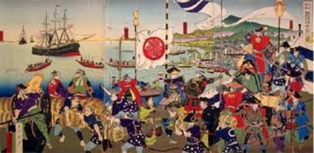 Commodore Matthew Perry arrived in Edo Bay (now Tokyo Bay) with an American fleet of warships.