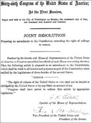 The Nineteenth Amendment is ratified.