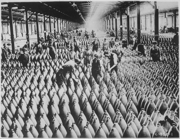Munitions Crisis: shortage of shells on bullets on the front line, women are given jobs in factories to combat it.