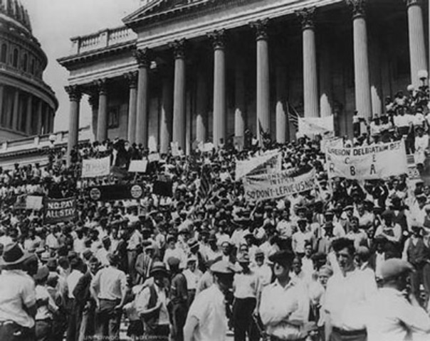More than 300 WWI veterans leave Portland, Oregon for Washington D.C. to urge Congress to pass the Bonus Bill. Takes the veterans 18 days to reach Washington.
