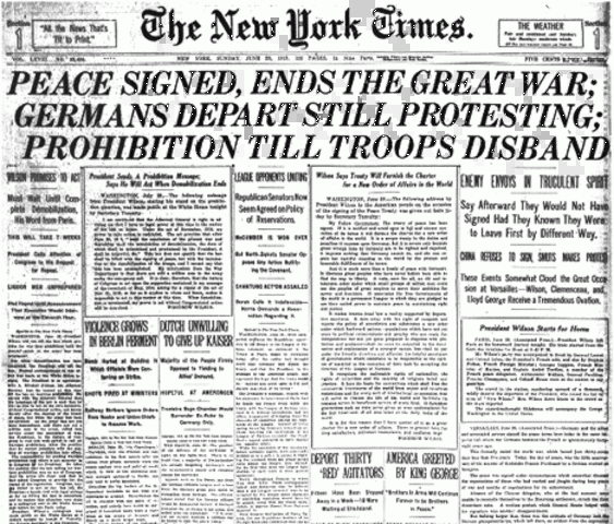 The Treaty of Versailles officially ends WWI