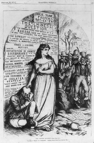 Thomas Nast drawing of Lady Liberty protecting Chinese man