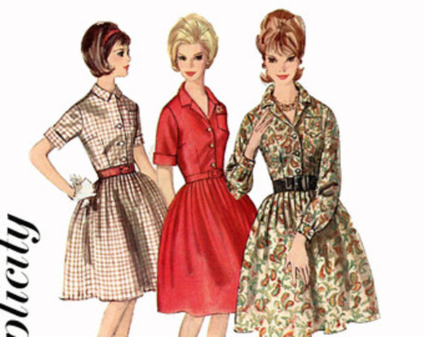 Fashion- full-skirted gowns with low necklines and close-fitting waists.