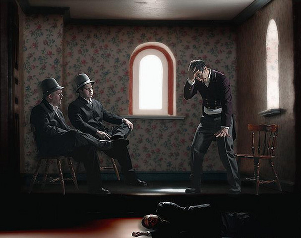 The narrator breaks and announces to the policemen than he murdered the old man and hid his body under the floor boards.