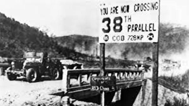 North Korea invades South Korea by crossing the 38th parrallel.