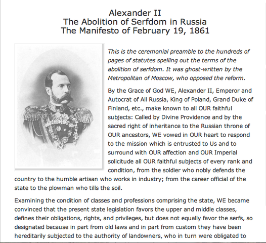 Tsar Alexander II of Russia issues the "Emancipation Manifesto".