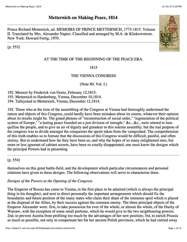 Metternich on Making Peace (Congress of Vienna September 1814 - June 9 1815)