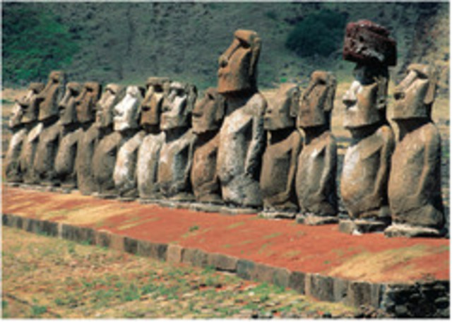 Row of moai on a stone platform