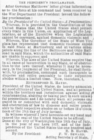 President Hayes issued a Proclamation