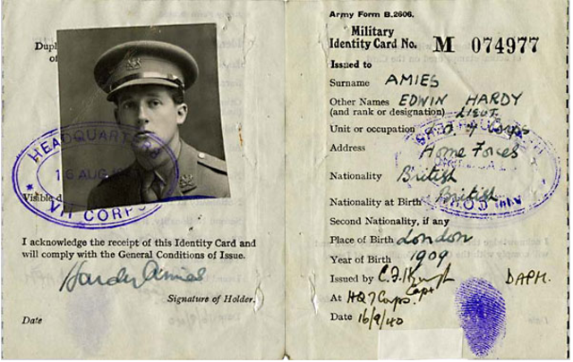 WWII - Military ID Card for Hardy Amies (The National Archives. Military ID Card for Hardy Amies. 1940. http://media.nationalarchives.gov.uk/files/2010/02/HS-9-29-21.jpg.)
