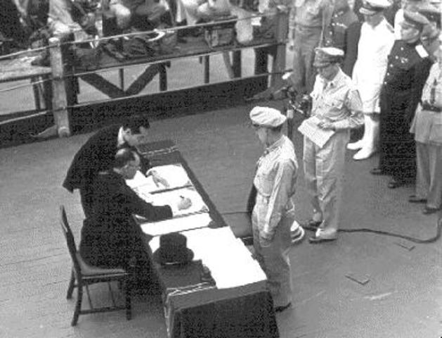 V-J (Victory over Japan) Day!  Japan formally surrenders, ending WWII. General MacArthur accepts Japan’s surrender aboard the USS Missouri in Tokyo Bay.