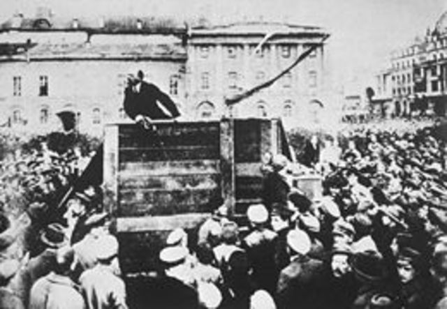 Lenin addressing to soldiers, retouched photograph