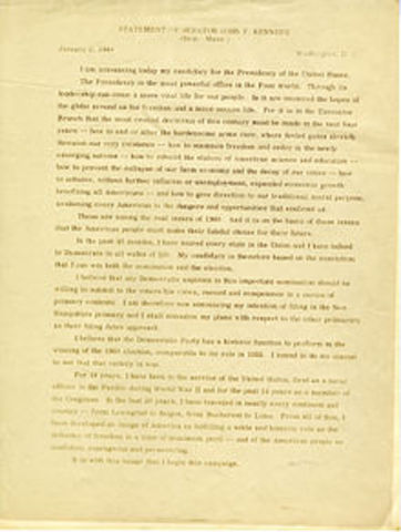 Senator John F. Kennedy, announces his candiancy for the US Presidency