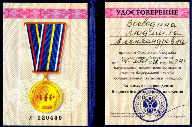 Медаль "За заслуги в проведении Всероссийской переписи населения в 2010 году"