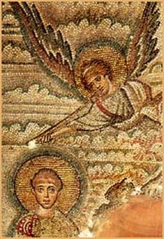 Ο άγιος Δημήτριος. Τμήμα ψηφιδωτής παράστασης από το δυτικό τοίχο του ναού του Αγίου Δημητρίου στη Θεσσαλονίκη. 6ος αιώνας.