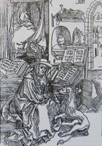 Η ανάγκη εικονογράφησης των βιβλίων βοηθάει στην εξέλιξη της χαρακτικής τέχνης.Α.Ντύρερ''ο Αγ.Ιερώνυμος σε ώρα μελέτης''ξυλογραφία.