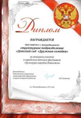 Диплом СП «Детский сад «Дружная семейка» ГБОУ ООШ №21 г.о.Новокуйбышевск