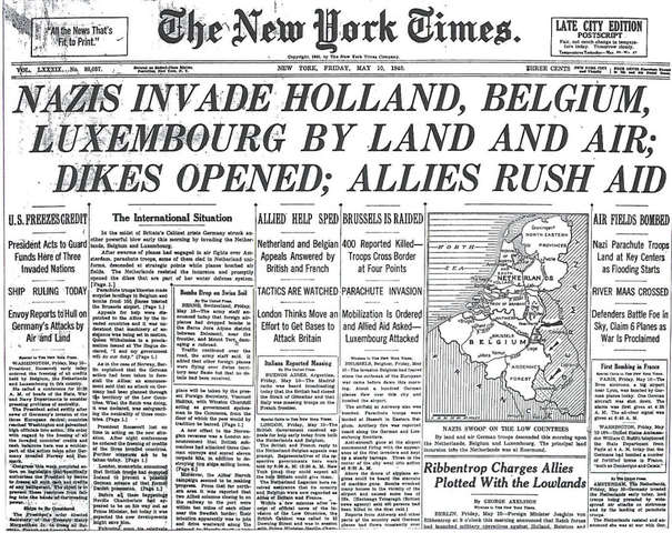 1940 Nazis invade Denmark, Norway, the Netherlands, Luxembourg and Belgium – take control