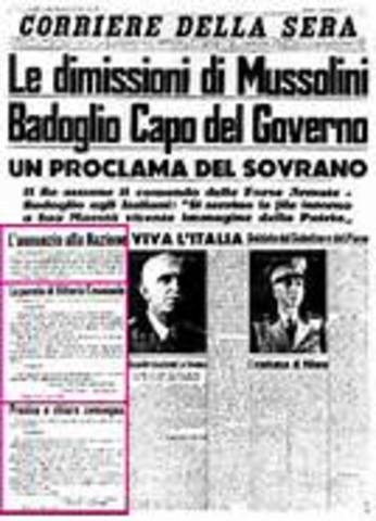 Italy surrenders, Mussolini dismissed as Prime Min.