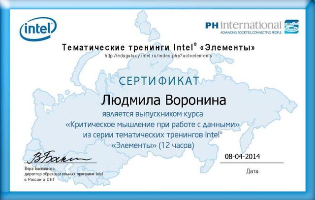 Сертификат о прохождении Курса Intel® “Критическое мышление при работе с данными”