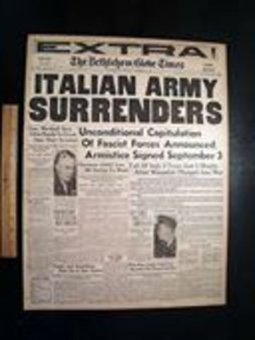 Italy surrenders, Mussolini dismissed as Prime Min.