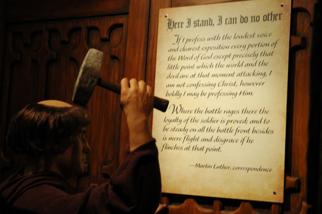 Martin Luther nails “Ninety Five Theses” to church door in Wittenberg, Germany