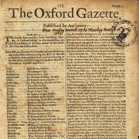 Oxford Gazette (first English-language newspaper) in England