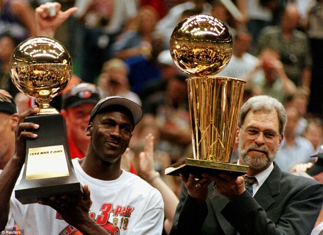 Jordan leads Bulls to defeat Jazz in the NBA Finals once again.