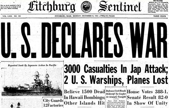 United States enters WWII and declares War on Japan