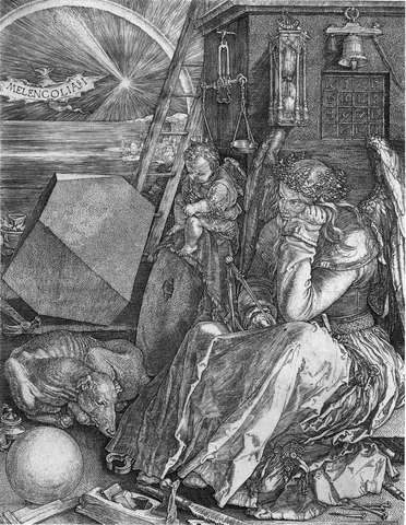 Albrecht Dürer, Melencolia I, c. 1514. Engraving. Kupferstichkabinett, Staatliche Kunsthalle, Karlsruhe, Germany.