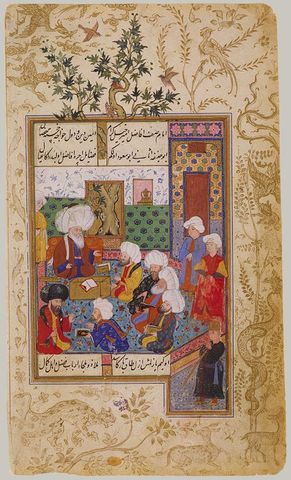 The Great Abu Sa'ud Teaching Law: Folio from the Divan of Mahmud 'Abd al–Baqi, Mid 16th Century. Turkey. Ink, opaque watercolor, and gold on paper. The Metropolitan Museum of Art