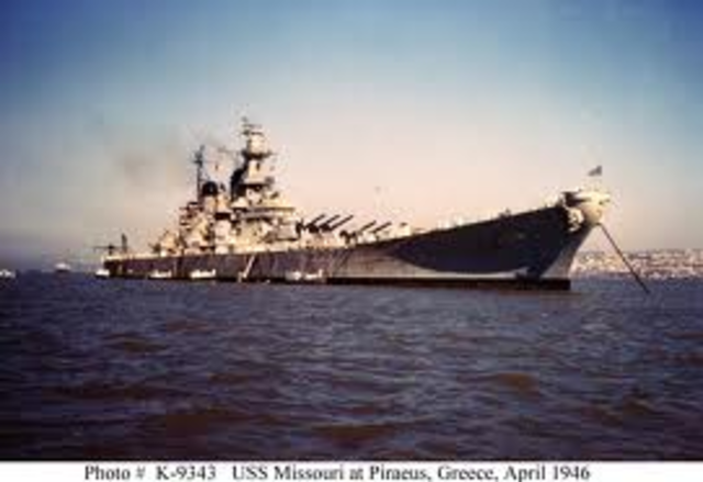 Formal surrender of Japanese Forces on USS Missouri in Tokyo Bay.