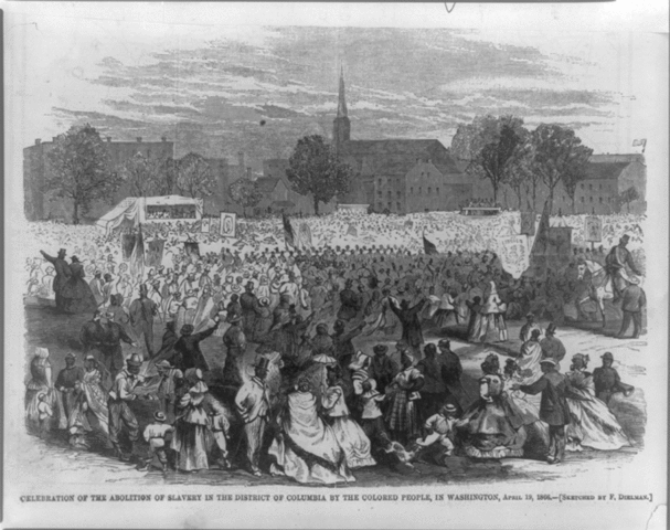 Washington DC’s black community celebrates the passage of the Thirteenth Amendment in 1865, which outlawed slavery