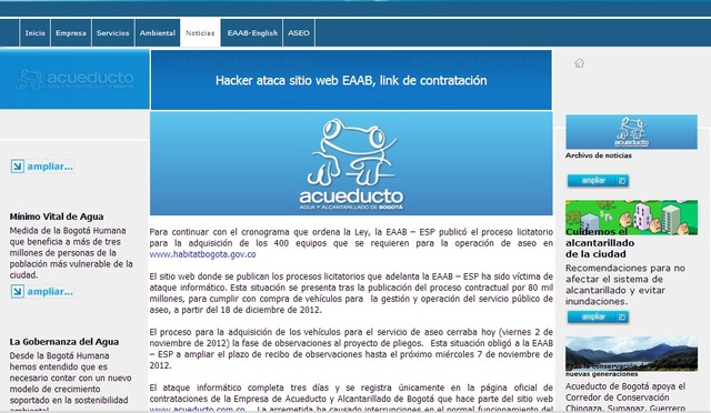 La Empresa de Acueducto de Bogotá sufre un ataque en Noviembre de 2012