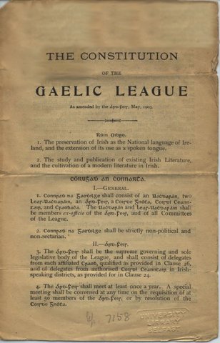 Gaelic League founded; men and women admitted on equal terms.