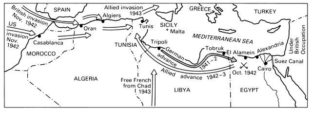British and US forces defeat German and Italian armies in North Africa
