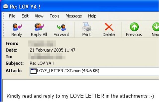 The LoveBug worm/virus infects 2.5 million PCs