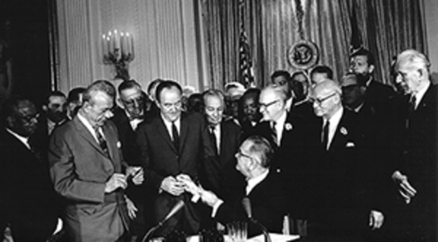 Civil Rights Act of 1964: Proposed by John F Kennedy, President Johnson has signed this act that banned discrimination based on “race, color, religion, sex, or national origin” in employment practices and public accommodation.
