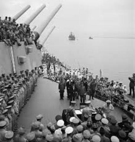 A formal surrender ceremony is conducted in Tokyo Bay on the U.S. battleship Missouri. World War II officially ends.