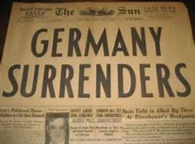 Germany surrenders. The war in Europe ends