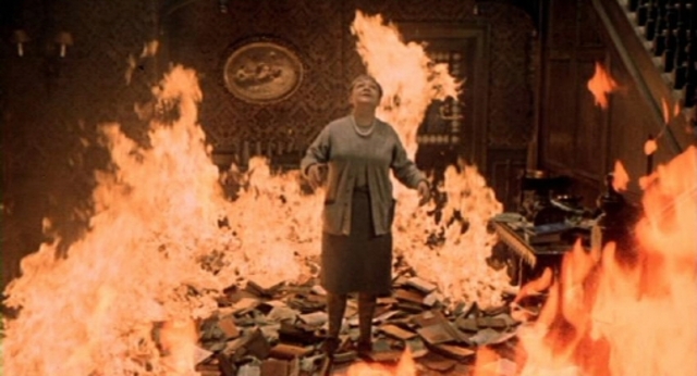 The old woman burns herself with her books