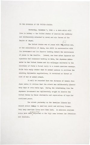 Joint Address to Congress Leading to a Declaration of War Against Japan
