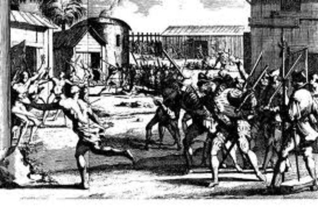 Spanish massacre Aztec during religious festival. Moctezuma II killed. Cuitlahuka becomes ruler. Thousands die of smallpox.  Cuitlahuac dies and Cuauhtemoc beomes ruler.